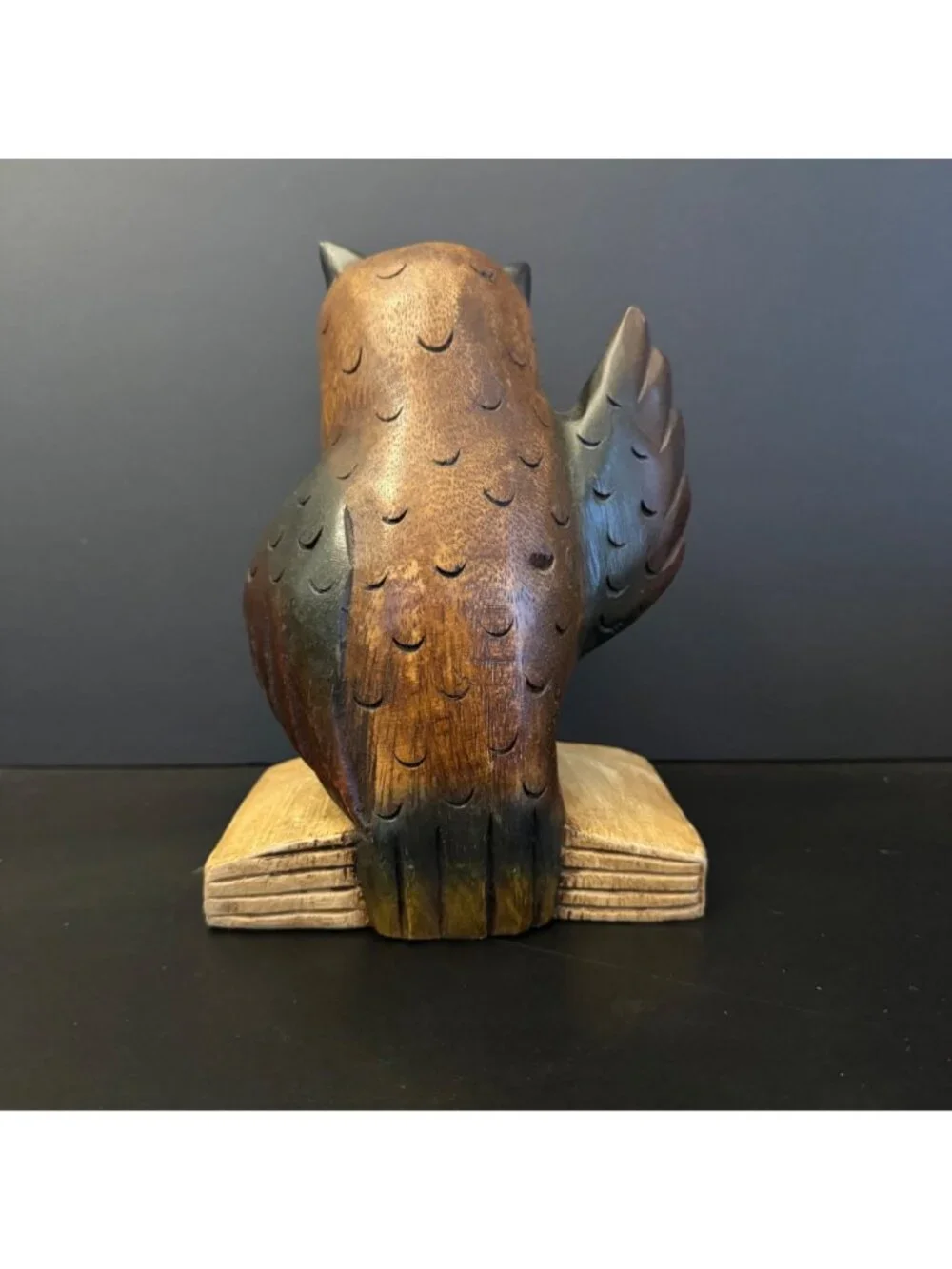 Handcrafted Carved Wooden Owl Figurine On Book Base 8 inches - Picture 2 of 11